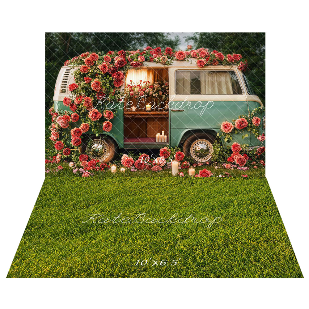 Kate Saint Valentin Fleurs Camping-car Toile de fond+Vert Herbe Champ Sol Toile de fond - Kate Backdrop FR