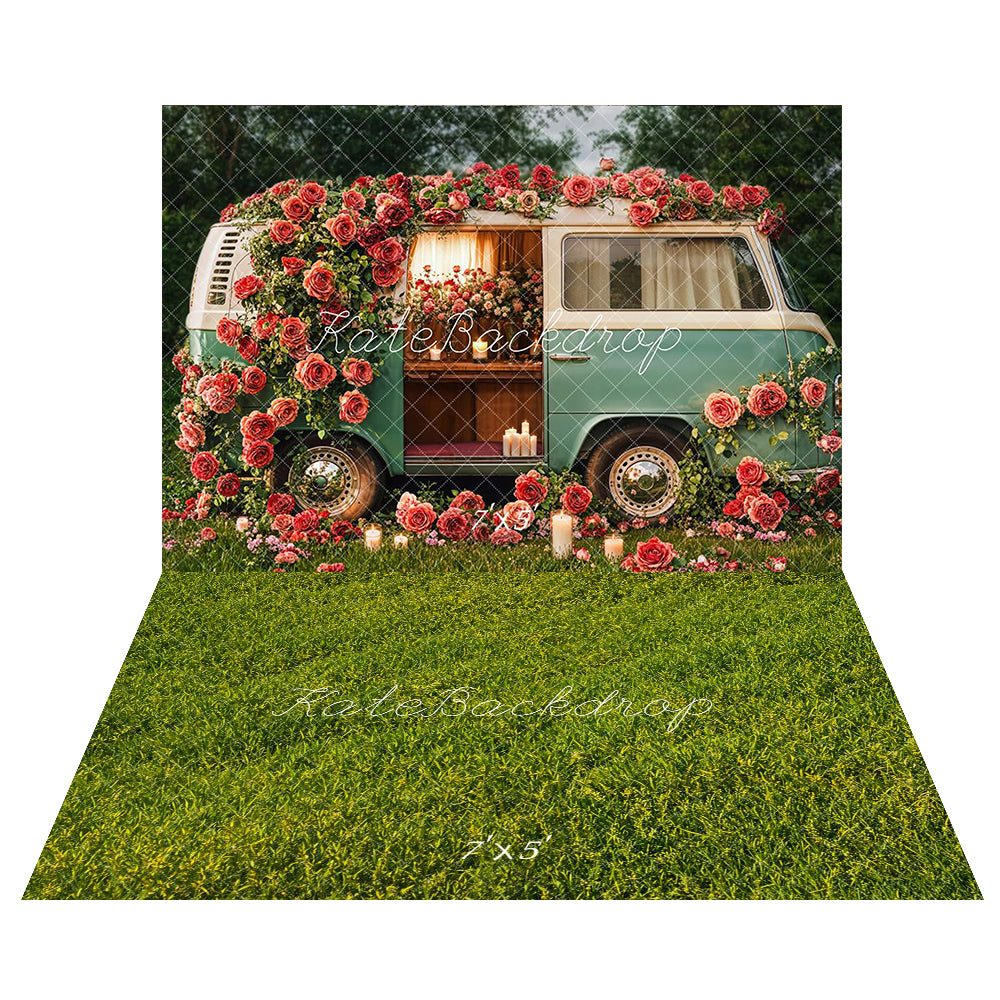 Kate Saint Valentin Fleurs Camping-car Toile de fond+Vert Herbe Champ Sol Toile de fond - Kate Backdrop FR