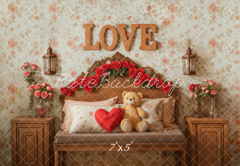 Kate Saint Valentin Fleurs Ours en peluche Lit Toile de fond conçue par Emetselch - Kate Backdrop FR