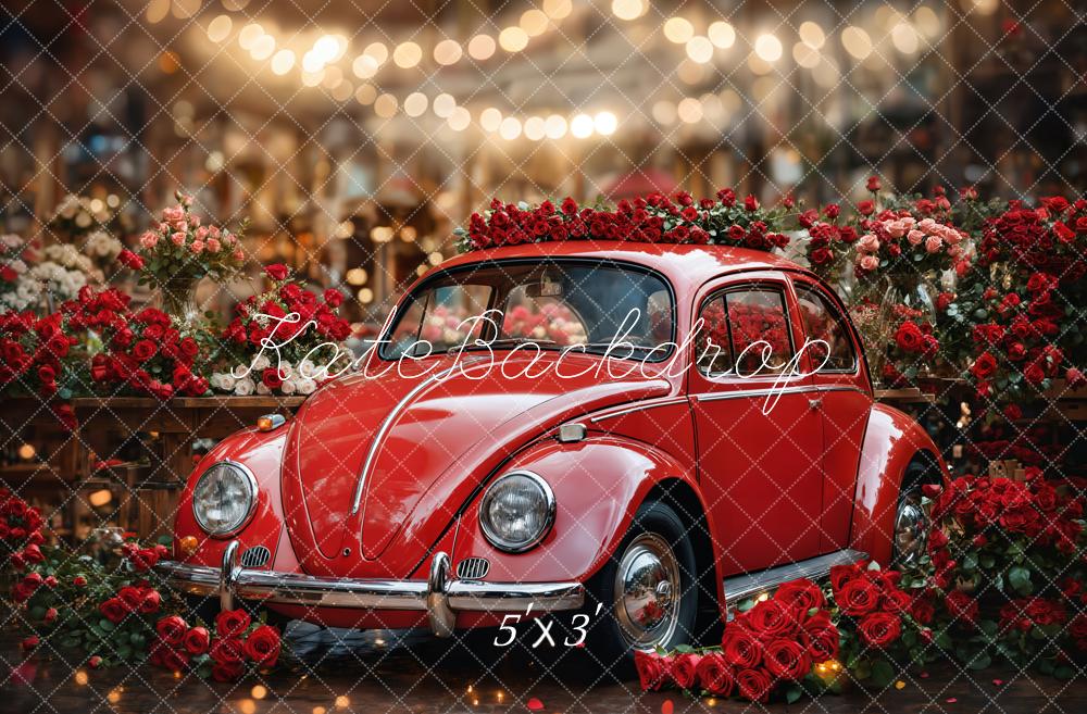 Kate Saint Valentin Vintage Voiture Rouge Roses Toile de fond conçue par Emetselch - Kate Backdrop FR