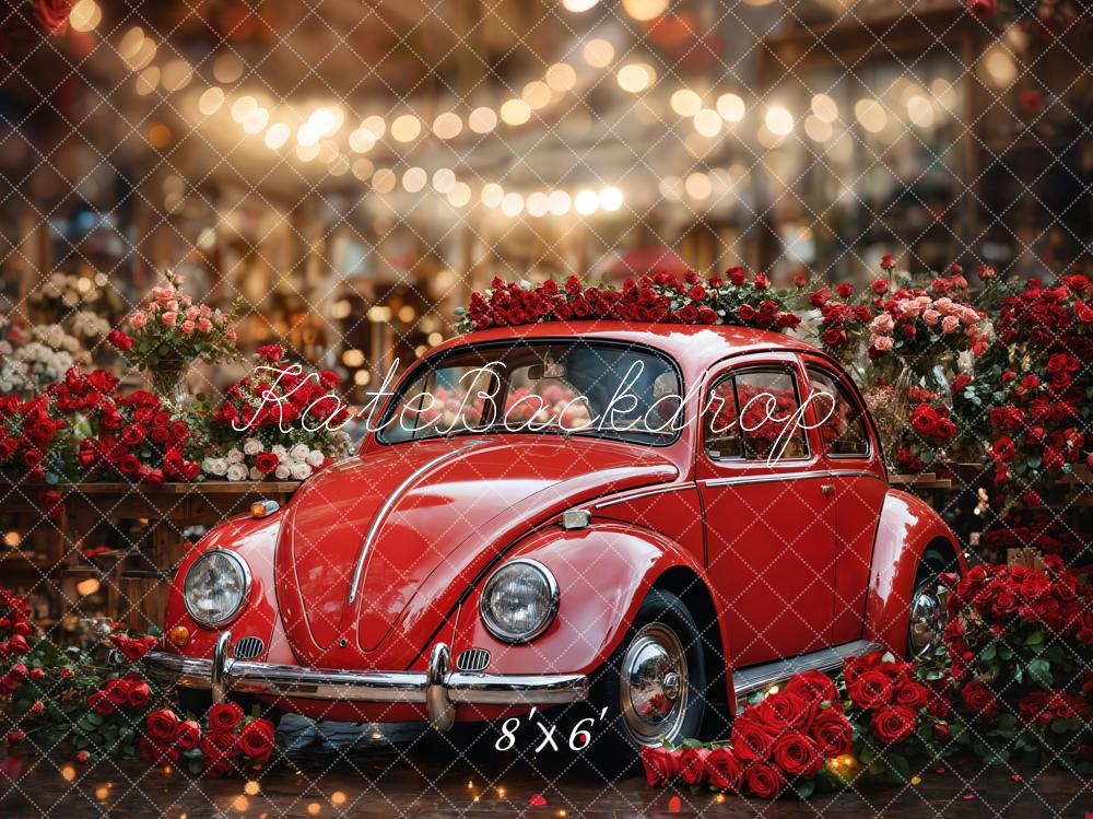 Kate Saint Valentin Vintage Voiture Rouge Roses Toile de fond conçue par Emetselch - Kate Backdrop FR