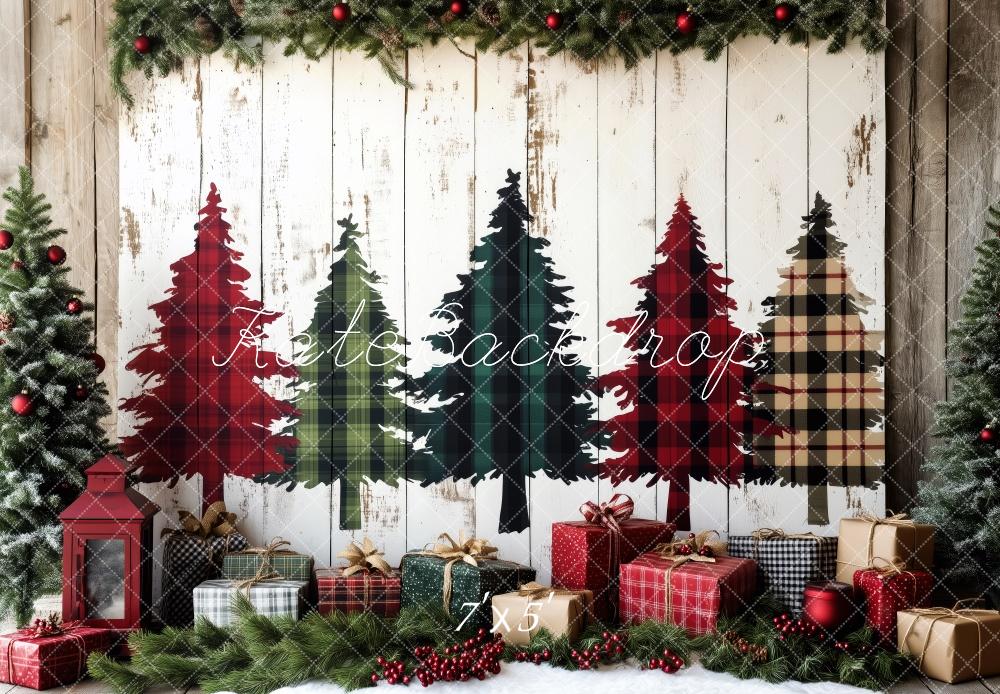 Kate Plaid Sapins de Noël Cadeaux Mur en bois Toile de fond conçue par Patty Robert - Kate Backdrop FR