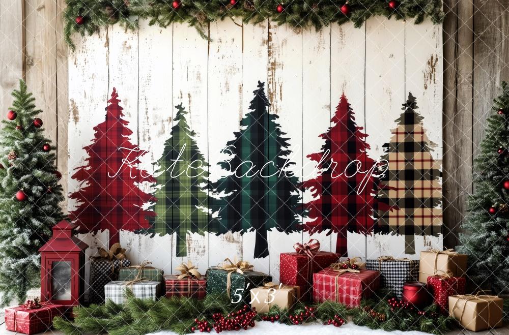 Kate Plaid Sapins de Noël Cadeaux Mur en bois Toile de fond conçue par Patty Robert - Kate Backdrop FR