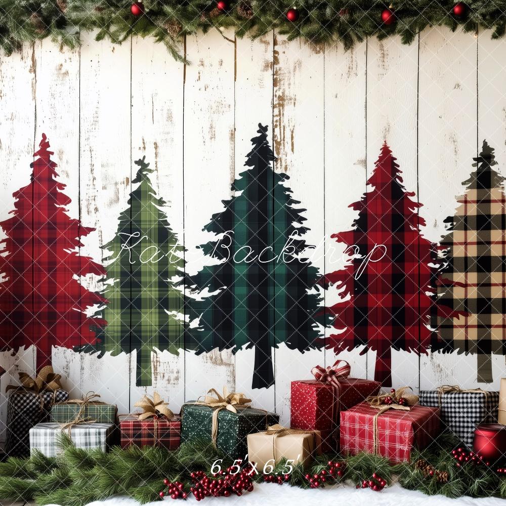 Kate Plaid Sapins de Noël Cadeaux Mur en bois Toile de fond conçue par Patty Robert - Kate Backdrop FR