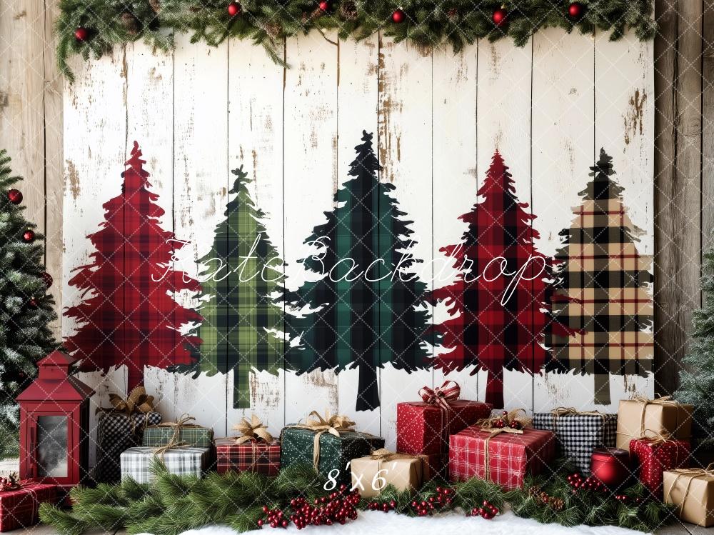 Kate Plaid Sapins de Noël Cadeaux Mur en bois Toile de fond conçue par Patty Robert - Kate Backdrop FR