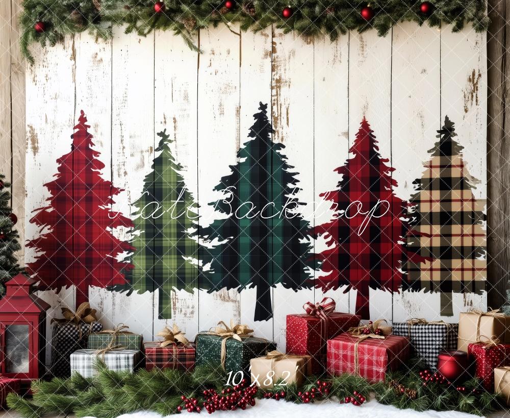 Kate Plaid Sapins de Noël Cadeaux Mur en bois Toile de fond conçue par Patty Robert - Kate Backdrop FR