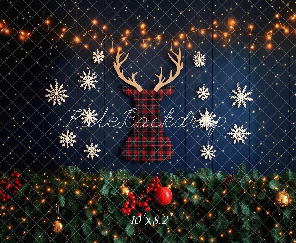 Kate Plaid Renne Noël Lumières Neige Toile de fond conçue par Patty Robert - Kate Backdrop FR