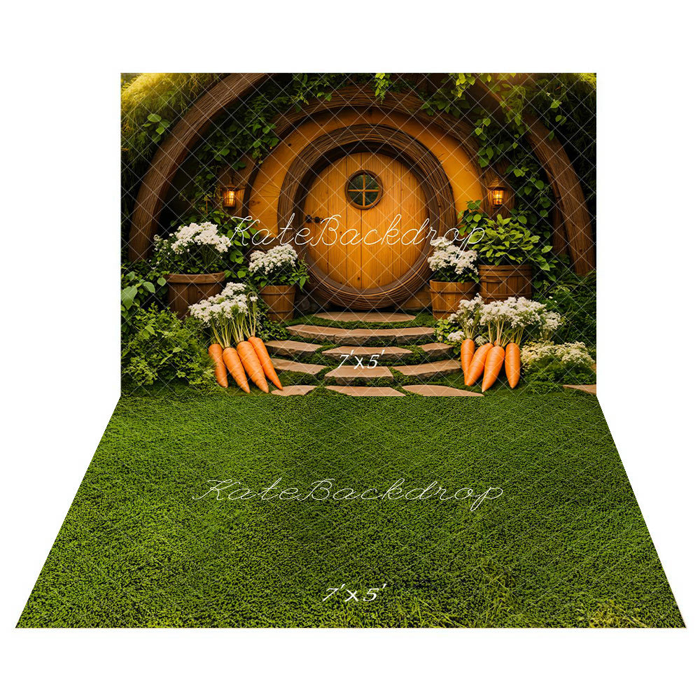 Kate Pâques Maison Hobbit Forêt Porte Toile de fond+Printemps Prairie Vert Sol Toile de fond