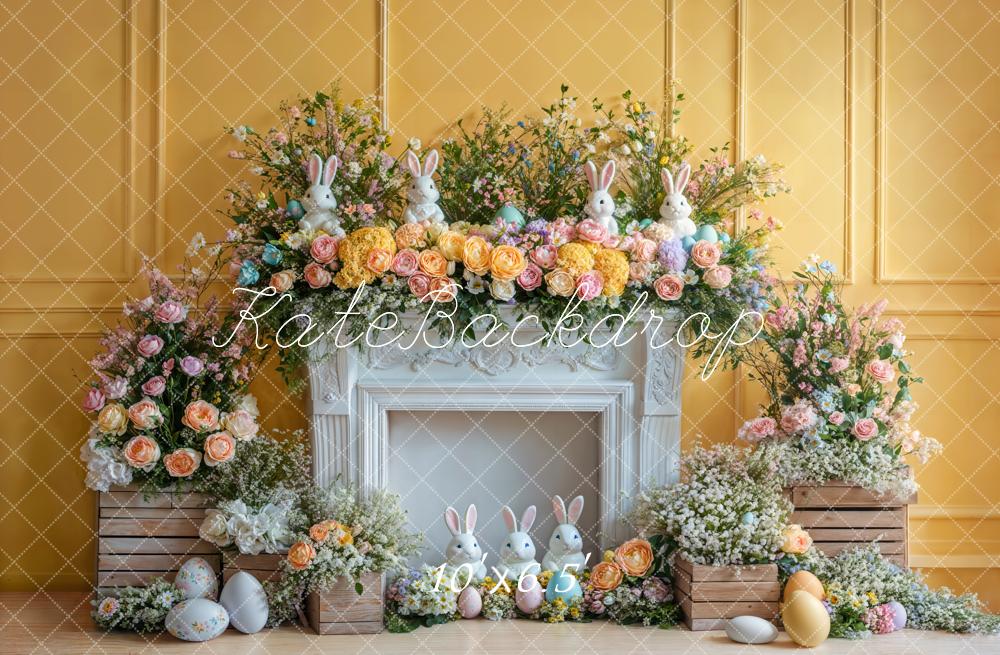 Kate Pâques Lapin Fleur Cheminée Mur Jaune Toile de fond conçue par Emetselch - Kate Backdrop FR