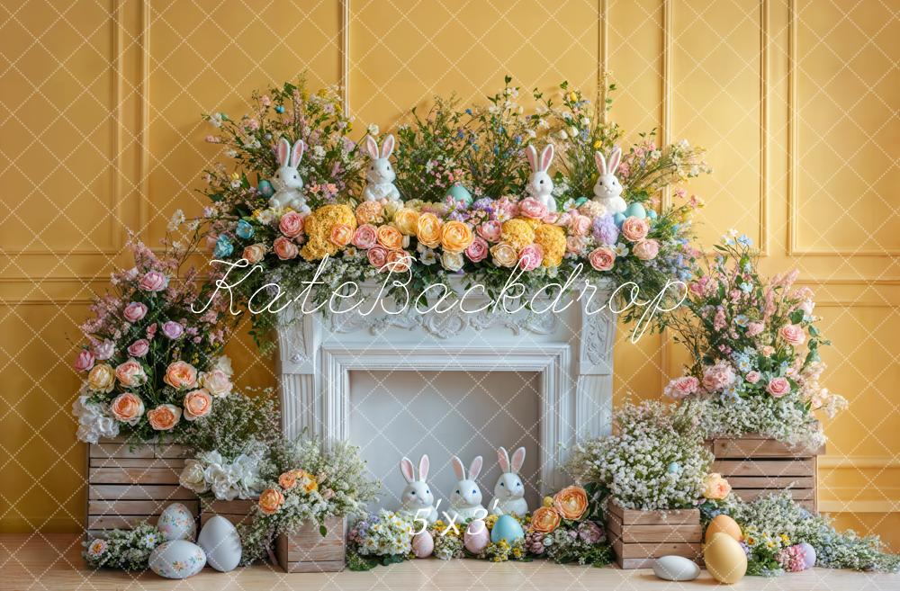 Kate Pâques Lapin Fleur Cheminée Mur Jaune Toile de fond conçue par Emetselch - Kate Backdrop FR