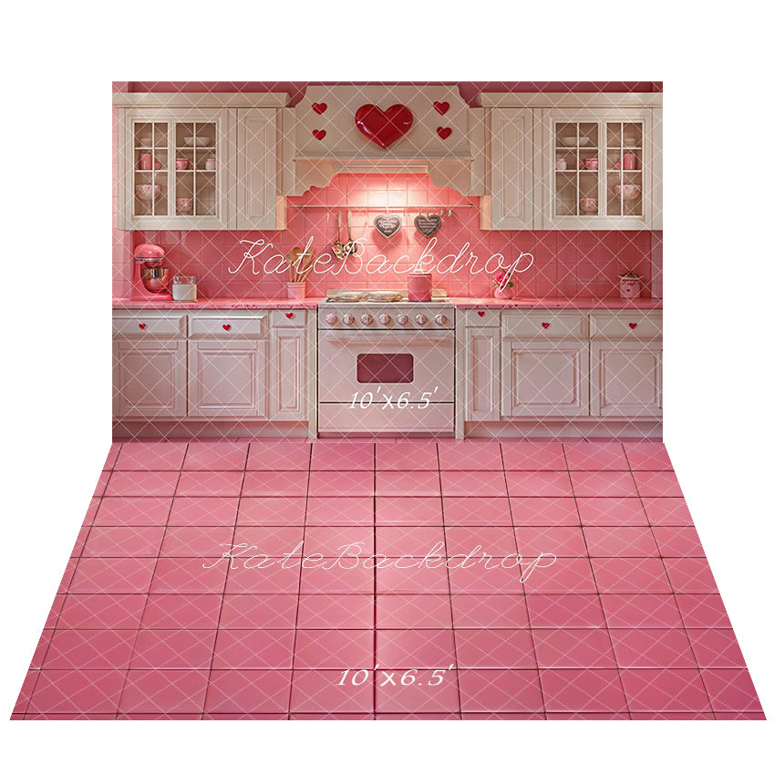 Kate Saint Valentin Rose Cœur Cuisine Armoires Toile de fond+Rose Carrelage Sol Toile de fond - Kate Backdrop FR