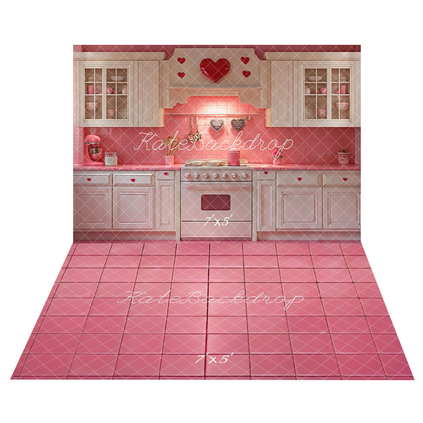 Kate Saint Valentin Rose Cœur Cuisine Armoires Toile de fond+Rose Carrelage Sol Toile de fond - Kate Backdrop FR