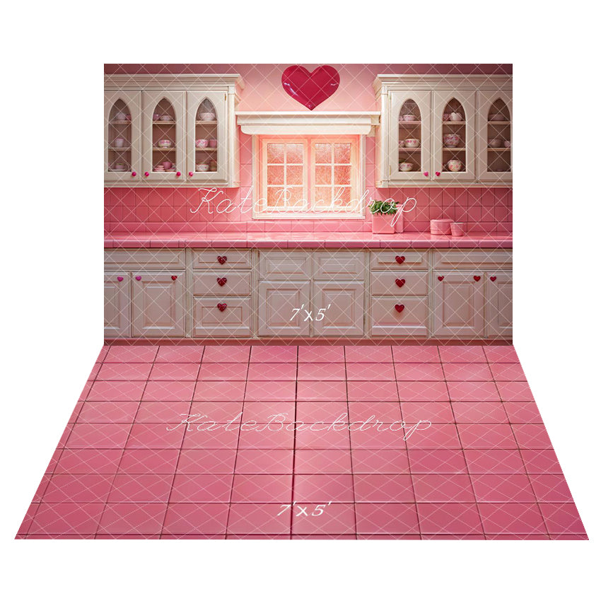 Kate Saint Valentin Barbie Rose Cuisine Toile de fond+Rose Carrelage Sol Toile de fond - Kate Backdrop FR