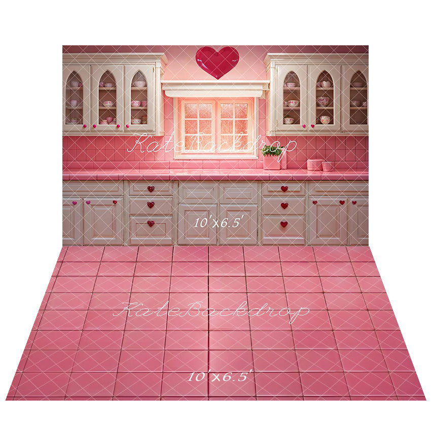 Kate Saint Valentin Barbie Rose Cuisine Toile de fond+Rose Carrelage Sol Toile de fond - Kate Backdrop FR