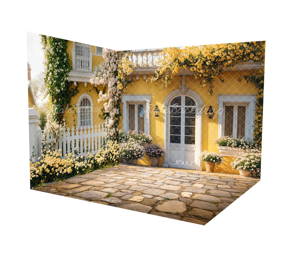 Kate Printemps Jaune Fleurs Maison Porte Ensemble de chambre - Kate Backdrop FR