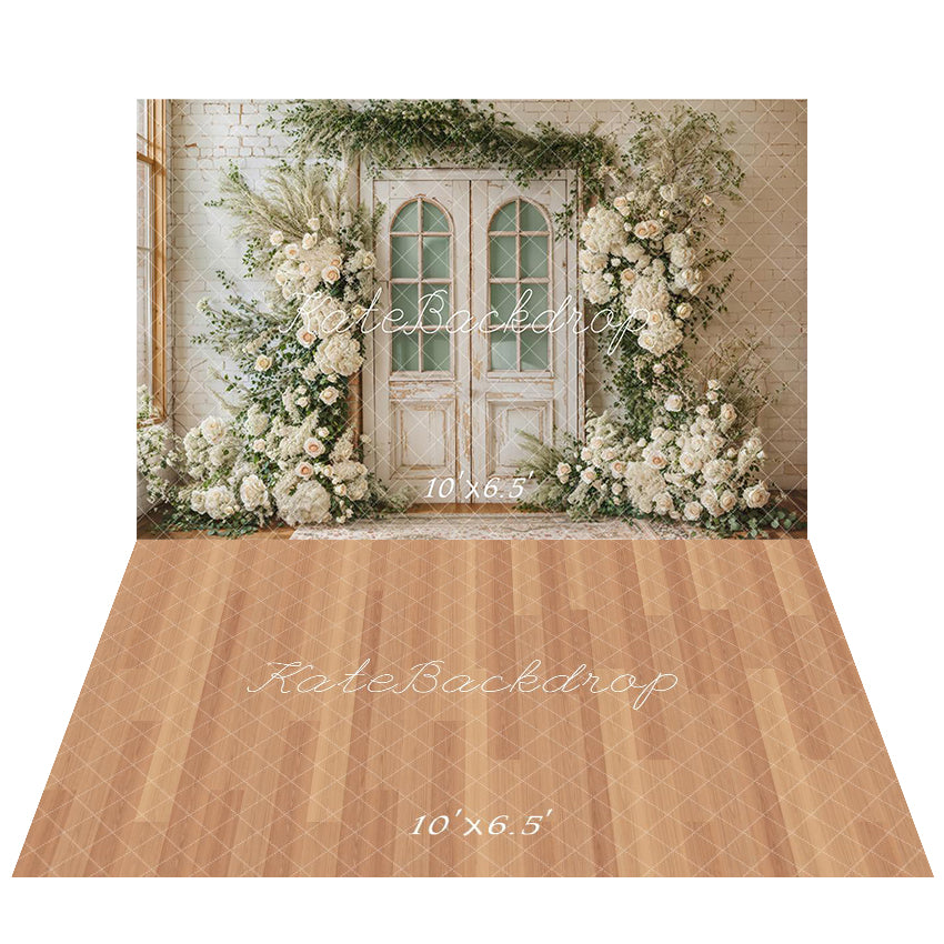 Kate Printemps Mariage Fleurs Porte Toile de fond+Brun clair Beige Plancher en Bois Sol Toile de fond