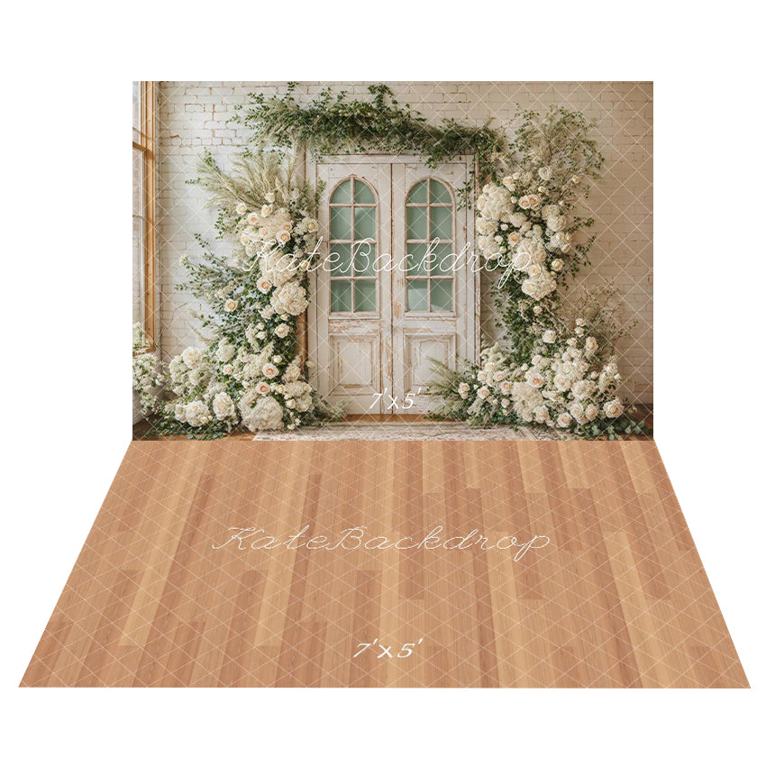 Kate Printemps Mariage Fleurs Porte Toile de fond+Brun clair Beige Plancher en Bois Sol Toile de fond