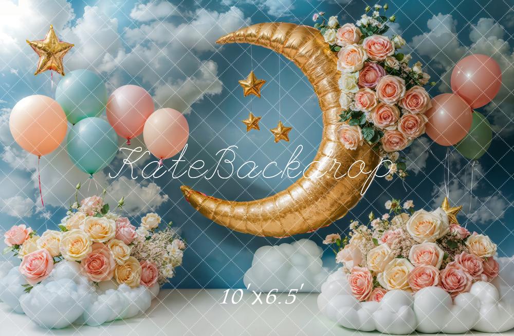 Kate Lune Étoiles Ballons Fleurs Ciel Enfant Toile de fond conçue par Emetselch - Kate Backdrop FR