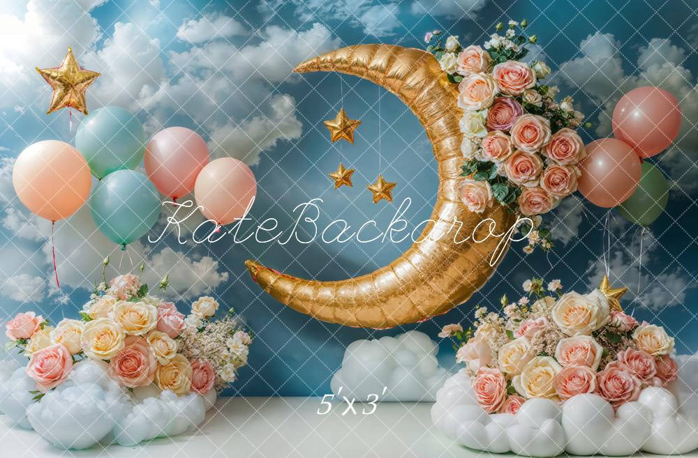 Kate Lune Étoiles Ballons Fleurs Ciel Enfant Toile de fond conçue par Emetselch - Kate Backdrop FR