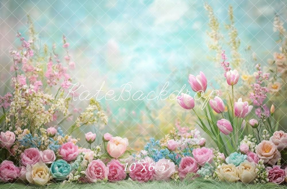 Kate Printemps Fleurs Pastel Tulipes Jardin Toile de fond conçue par Lidia Redekopp - Kate Backdrop FR