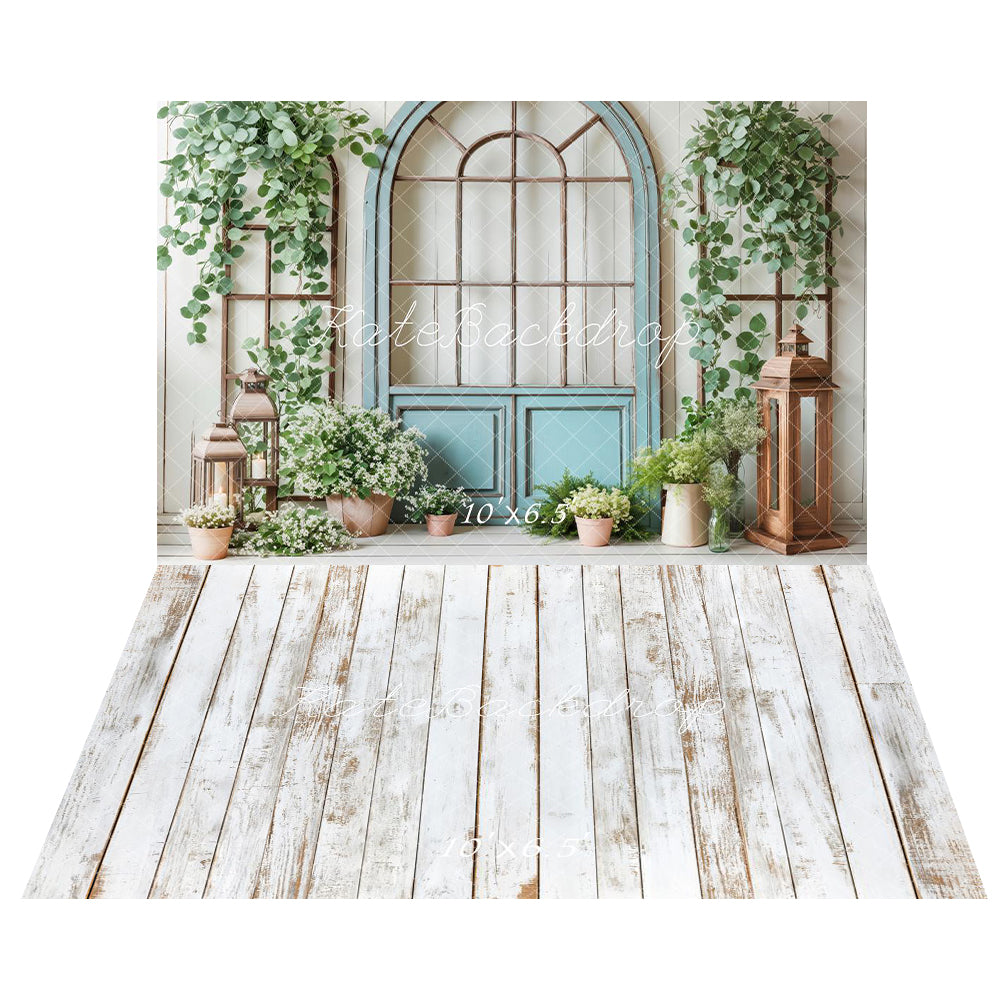 Kate Printemps Porte Bleue Verdure Fleurs Toile de fond+Blanc Rétro Parquet Bois Sol Toile de fond