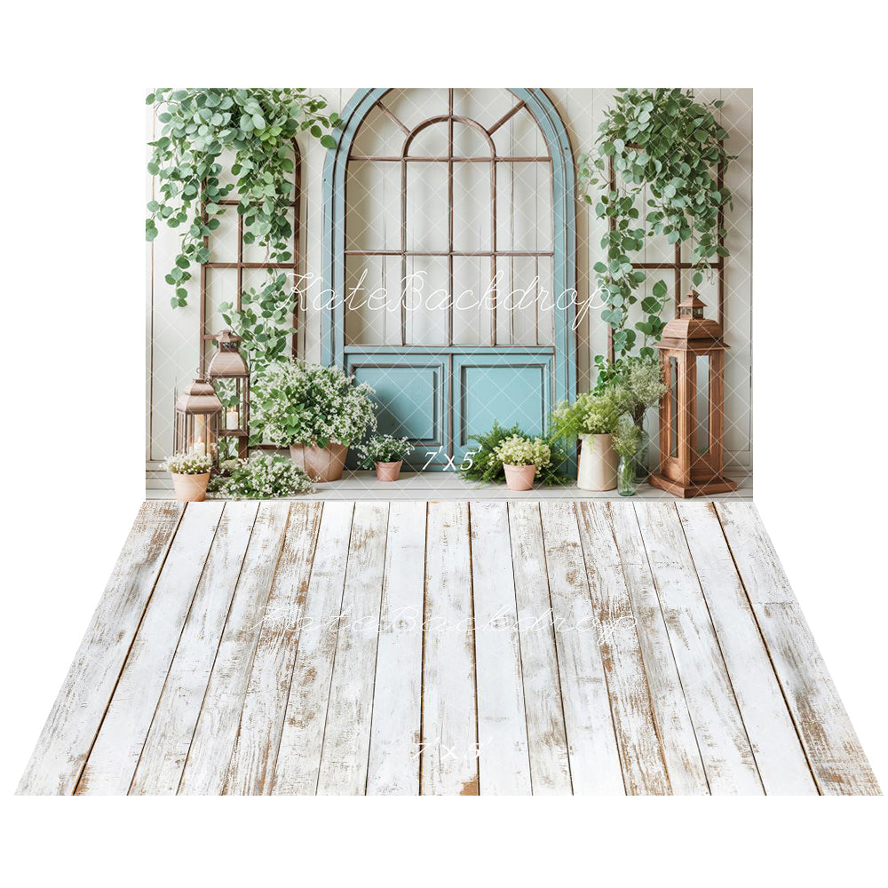 Kate Printemps Porte Bleue Verdure Fleurs Toile de fond+Blanc Rétro Parquet Bois Sol Toile de fond