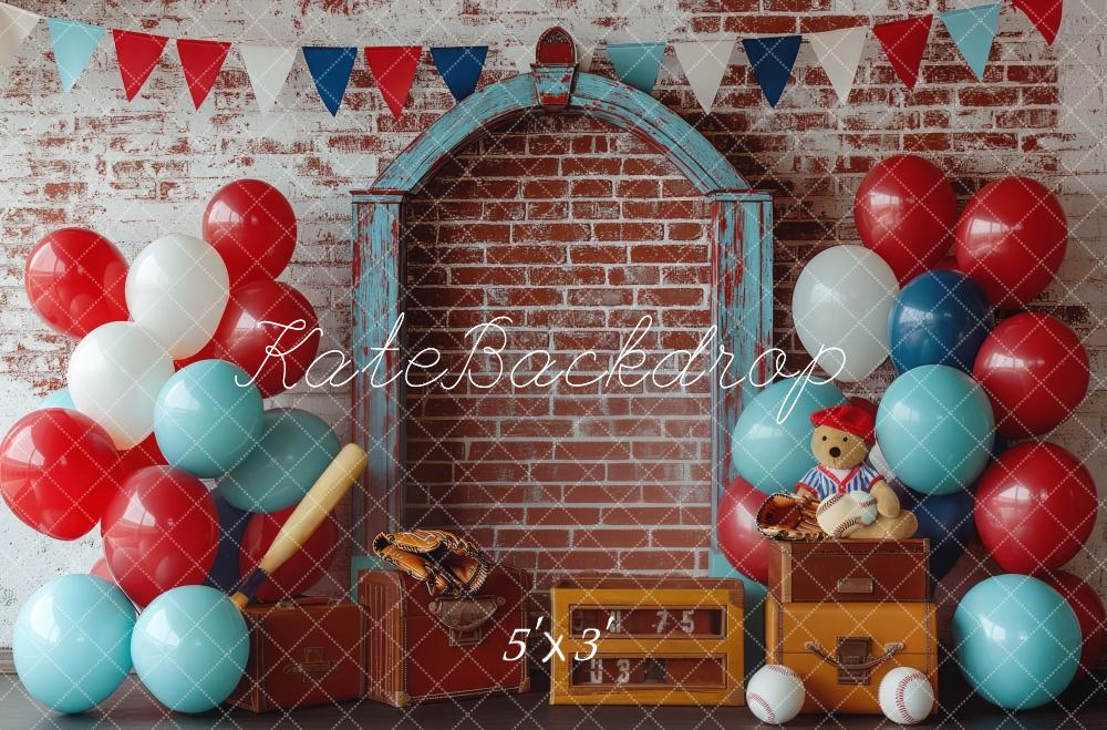 Kate Baseball Ballon Mur de briques Cake Smash Toile de fond conçue par Mini MakeBelieve - Kate Backdrop FR