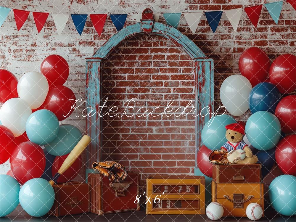 Kate Baseball Ballon Mur de briques Cake Smash Toile de fond conçue par Mini MakeBelieve - Kate Backdrop FR