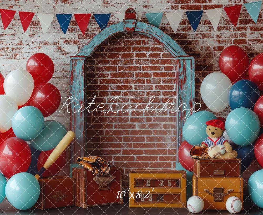 Kate Baseball Ballon Mur de briques Cake Smash Toile de fond conçue par Mini MakeBelieve - Kate Backdrop FR