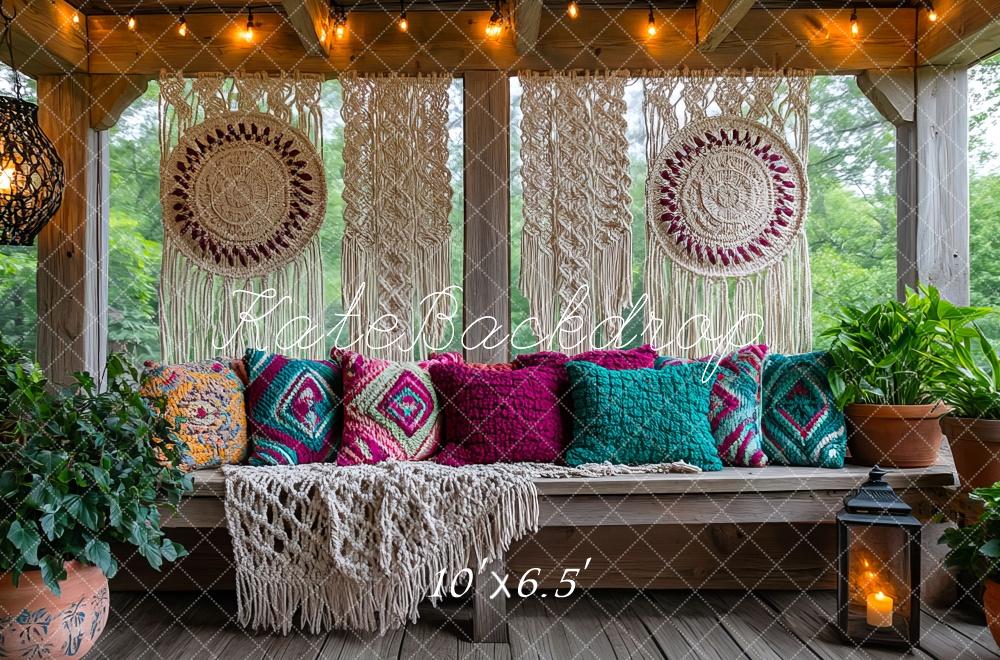 Kate Macramé Boho Banc Oreillers Terrasse Toile de fond conçue par Mini MakeBelieve - Kate Backdrop FR