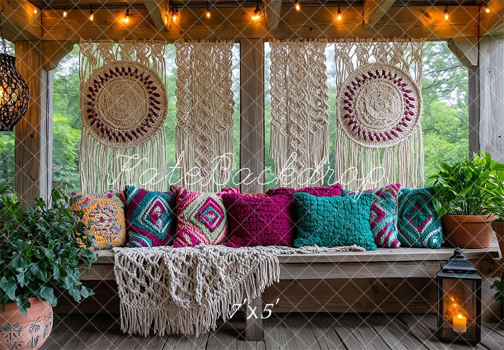 Kate Macramé Boho Banc Oreillers Terrasse Toile de fond conçue par Mini MakeBelieve - Kate Backdrop FR