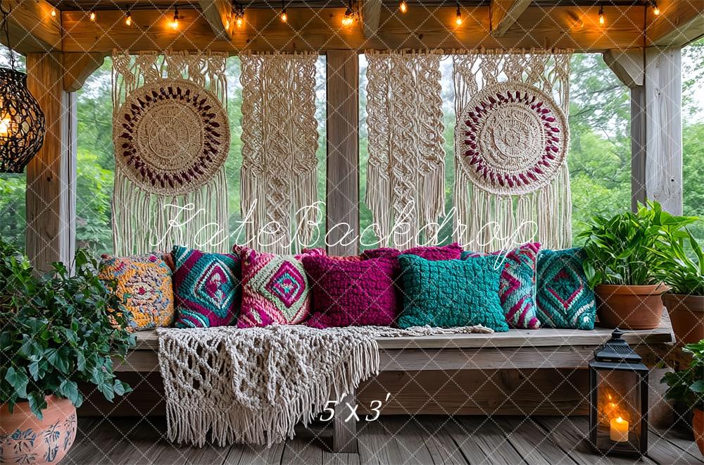 Kate Macramé Boho Banc Oreillers Terrasse Toile de fond conçue par Mini MakeBelieve - Kate Backdrop FR