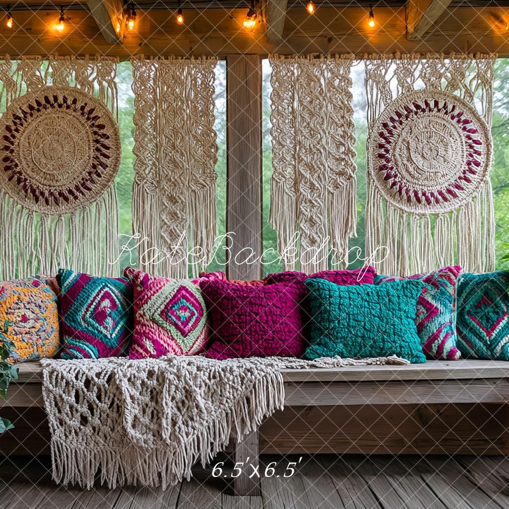 Kate Macramé Boho Banc Oreillers Terrasse Toile de fond conçue par Mini MakeBelieve - Kate Backdrop FR