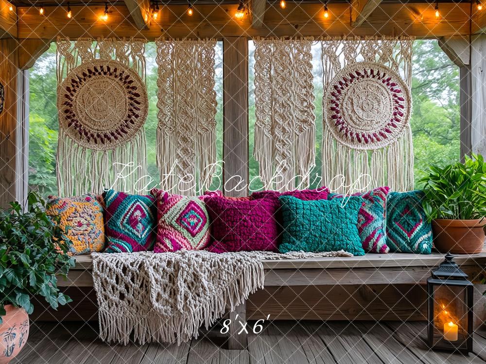 Kate Macramé Boho Banc Oreillers Terrasse Toile de fond conçue par Mini MakeBelieve - Kate Backdrop FR