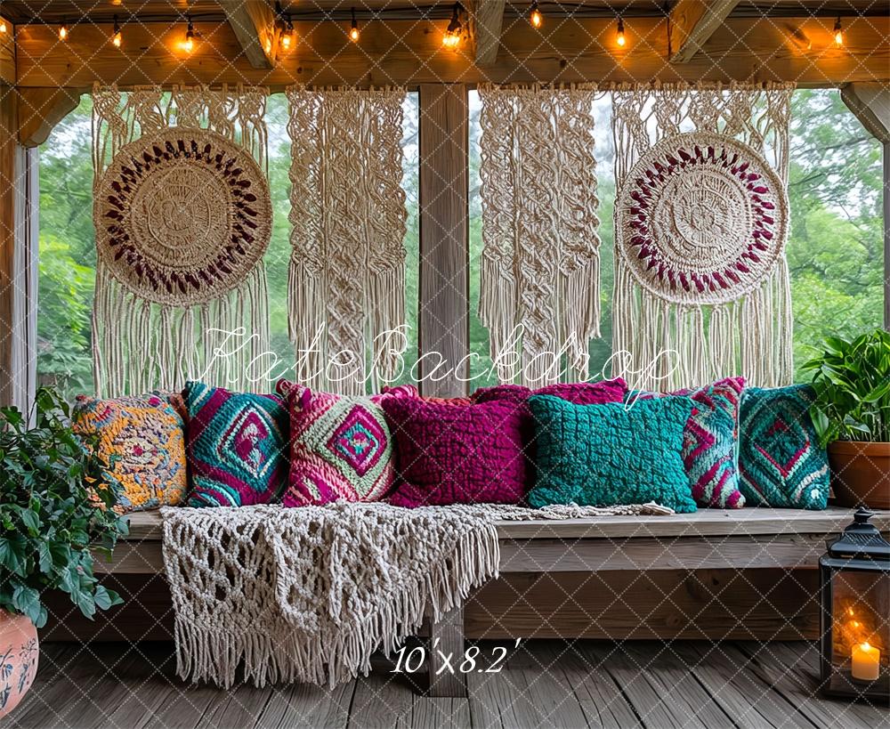 Kate Macramé Boho Banc Oreillers Terrasse Toile de fond conçue par Mini MakeBelieve - Kate Backdrop FR