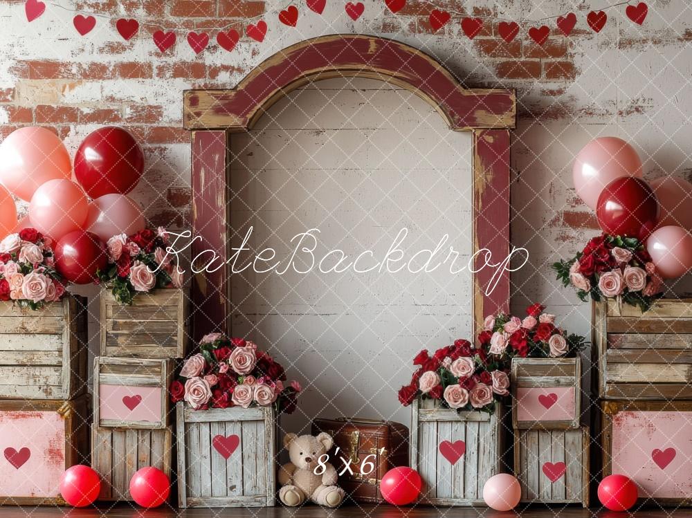 Kate Saint Valentin Ballon Ours en peluche Roses Toile de fond conçue par Mini MakeBelieve - Kate Backdrop FR