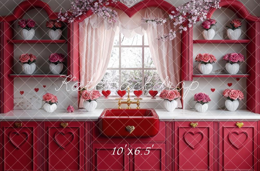 Kate Saint Valentin Cuisine Rouge Roses Toile de fond conçue par Mini MakeBelieve - Kate Backdrop FR