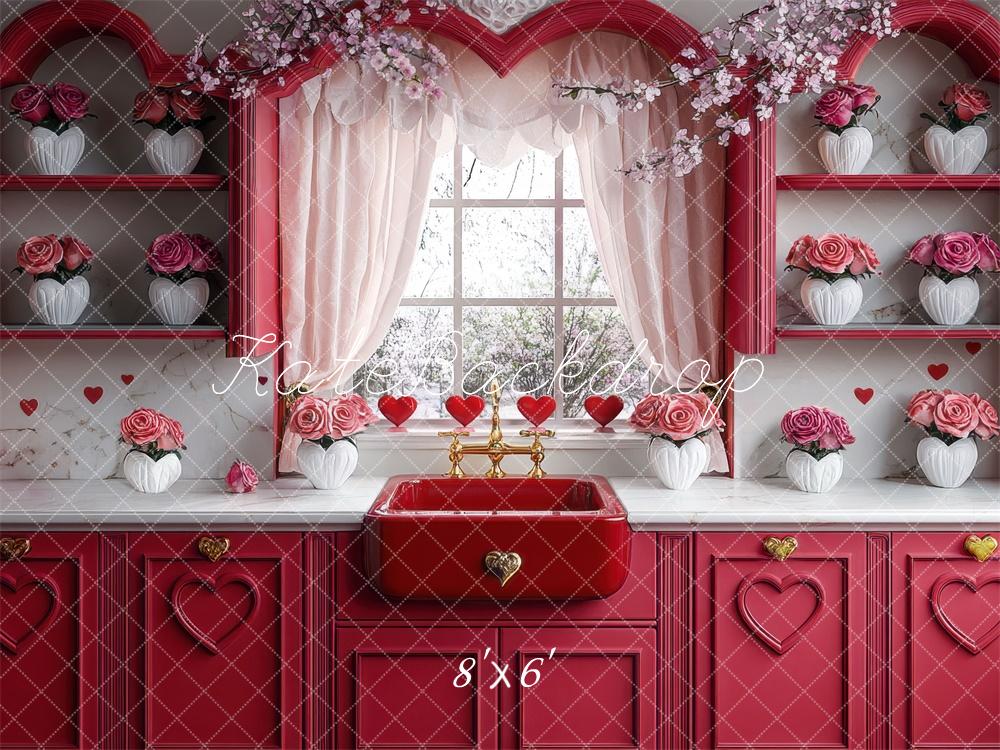 Kate Saint Valentin Cuisine Rouge Roses Toile de fond conçue par Mini MakeBelieve - Kate Backdrop FR