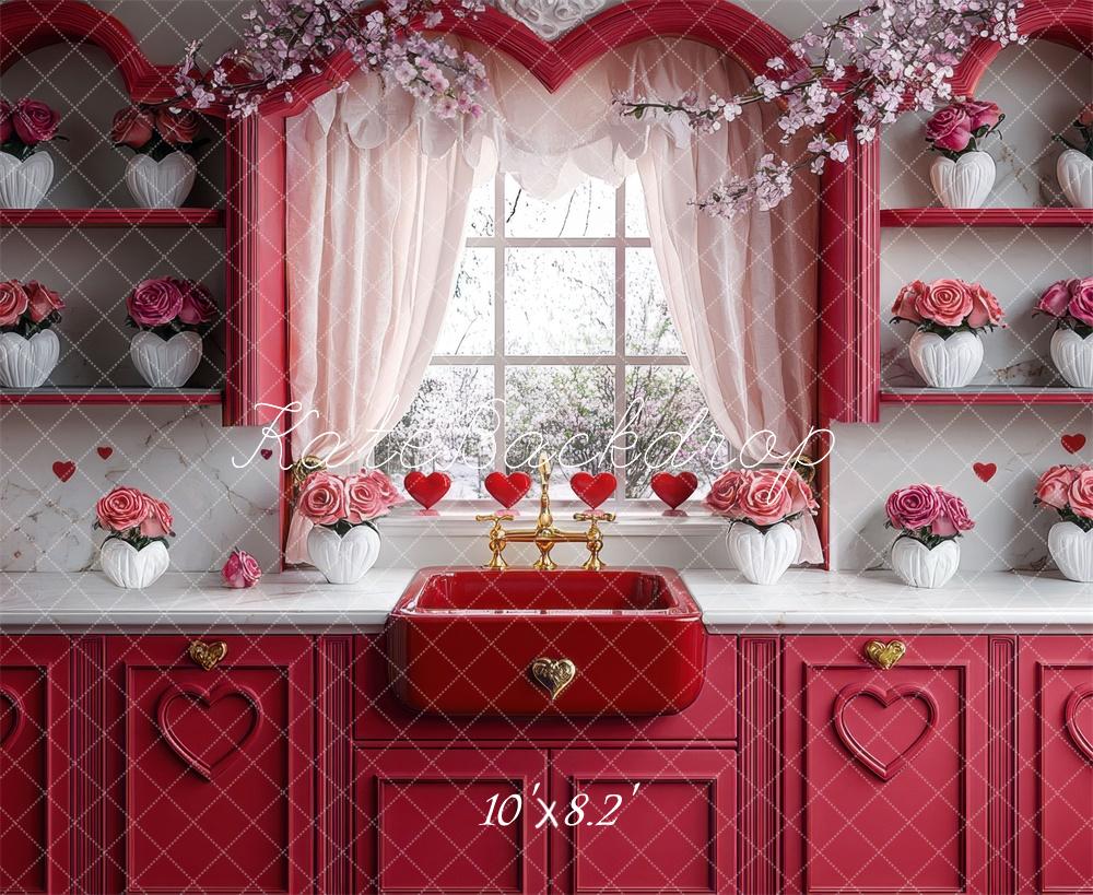 Kate Saint Valentin Cuisine Rouge Roses Toile de fond conçue par Mini MakeBelieve - Kate Backdrop FR