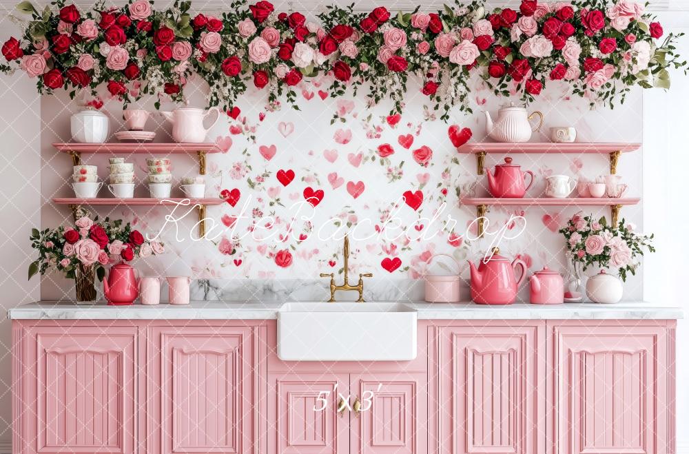 PROMO Kate Saint Valentin Cuisine Fleurs Rose Toile de fond conçue par Patty Robert - Kate Backdrop FR