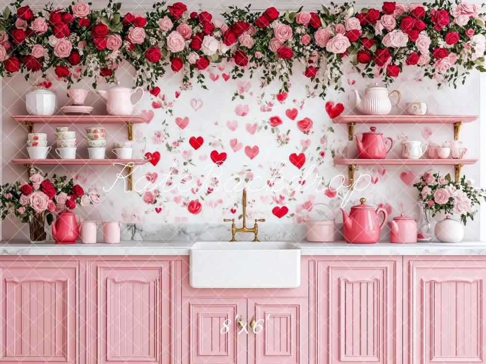 PROMO Kate Saint Valentin Cuisine Fleurs Rose Toile de fond conçue par Patty Robert - Kate Backdrop FR