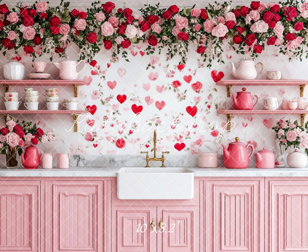 PROMO Kate Saint Valentin Cuisine Fleurs Rose Toile de fond conçue par Patty Robert - Kate Backdrop FR