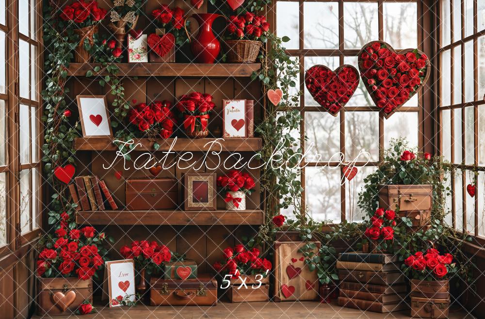 Kate Saint Valentin Roses Étagère en bois Fenêtre Toile de fond conçue par Emetselch - Kate Backdrop FR