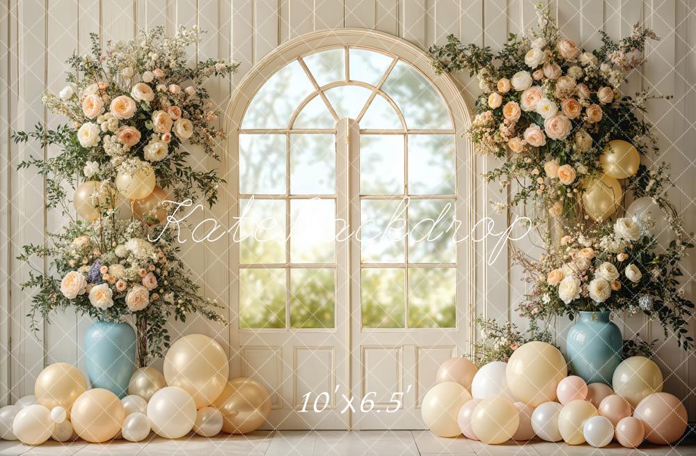 Kate Mariage Fleurs Fenêtre Ballons Bois Toile de fond conçue par Emetselch - Kate Backdrop FR