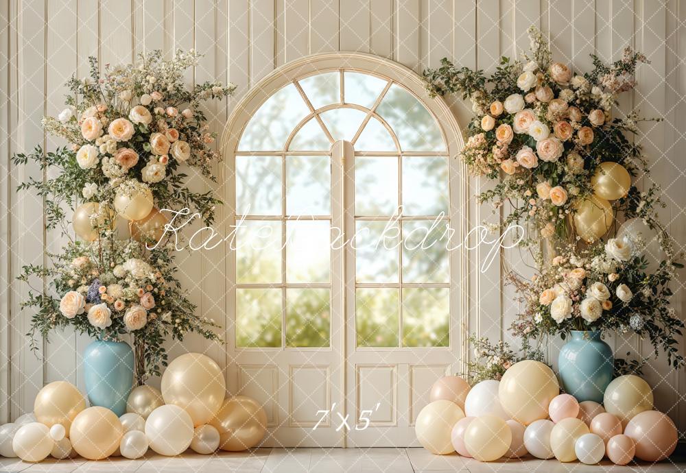 Kate Mariage Fleurs Fenêtre Ballons Bois Toile de fond conçue par Emetselch - Kate Backdrop FR