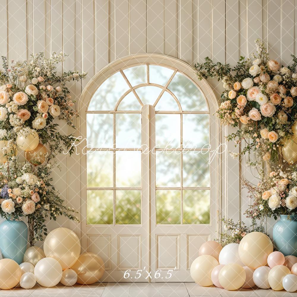 Kate Mariage Fleurs Fenêtre Ballons Bois Toile de fond conçue par Emetselch - Kate Backdrop FR