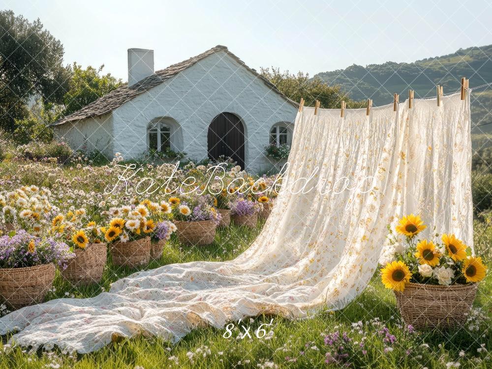 Kate Drap Maison Jardin Tournesols Prairie Toile de fond conçue par Mini MakeBelieve - Kate Backdrop FR