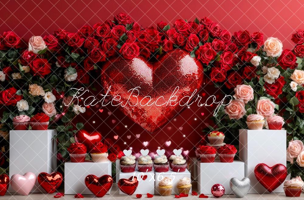 Kate Saint Valentin Rouge Cœur Gâteaux Fleurs Toile de fond conçue par Mini MakeBelieve - Kate Backdrop FR