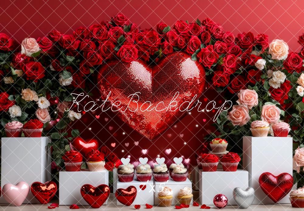 Kate Saint Valentin Rouge Cœur Gâteaux Fleurs Toile de fond conçue par Mini MakeBelieve - Kate Backdrop FR