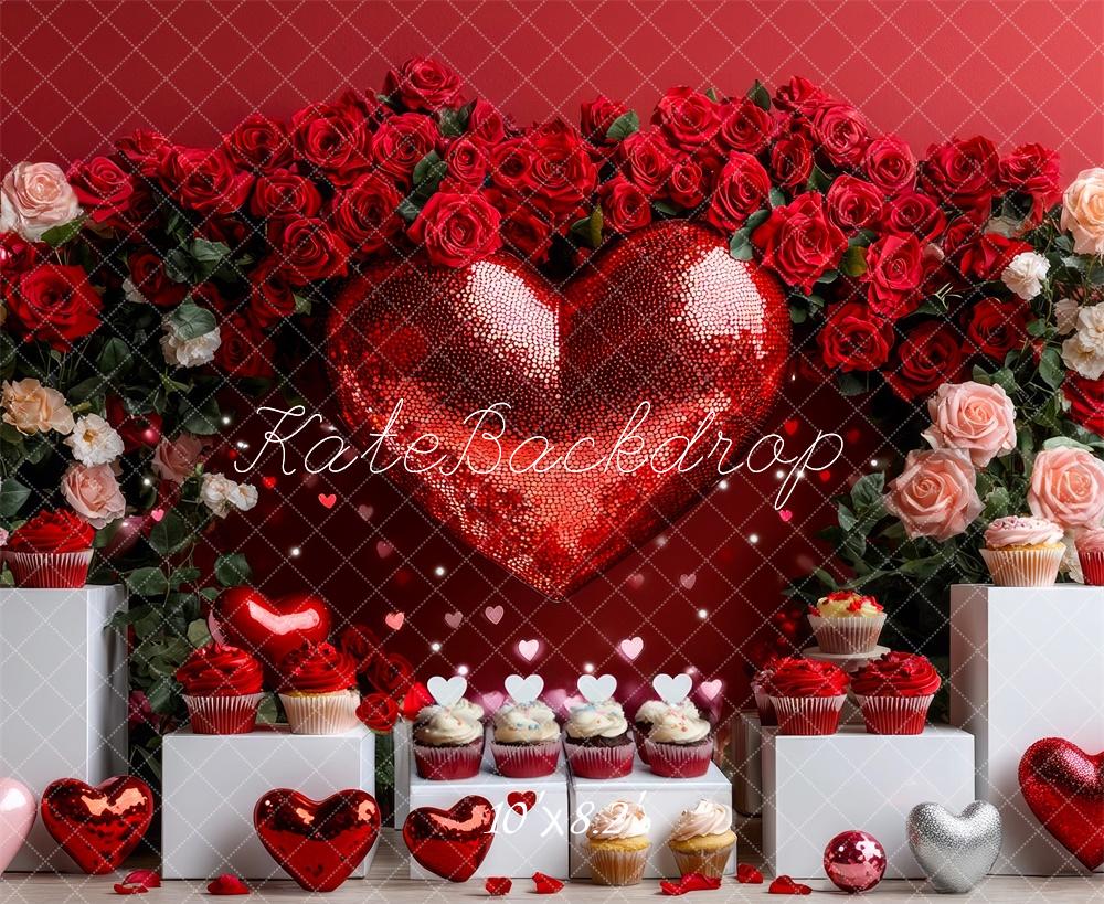 Kate Saint Valentin Rouge Cœur Gâteaux Fleurs Toile de fond conçue par Mini MakeBelieve - Kate Backdrop FR